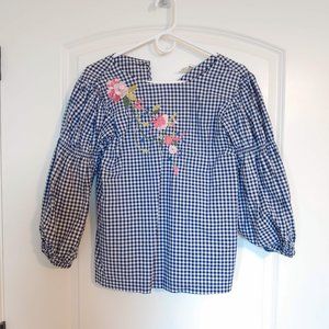 Gingham Floral Peasant-Sleeve Blouse